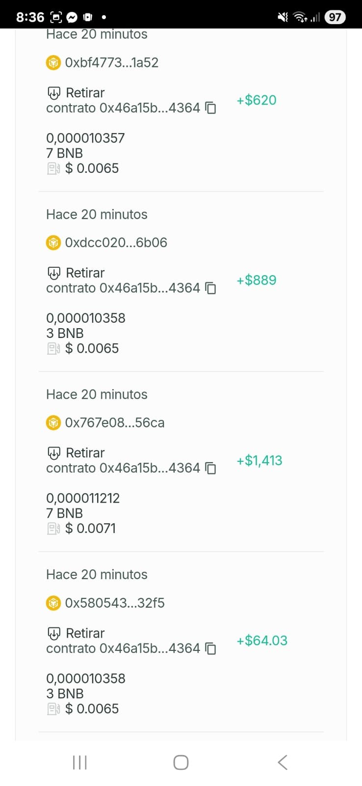 Transacciones BitNest on-chain - retiros BNB