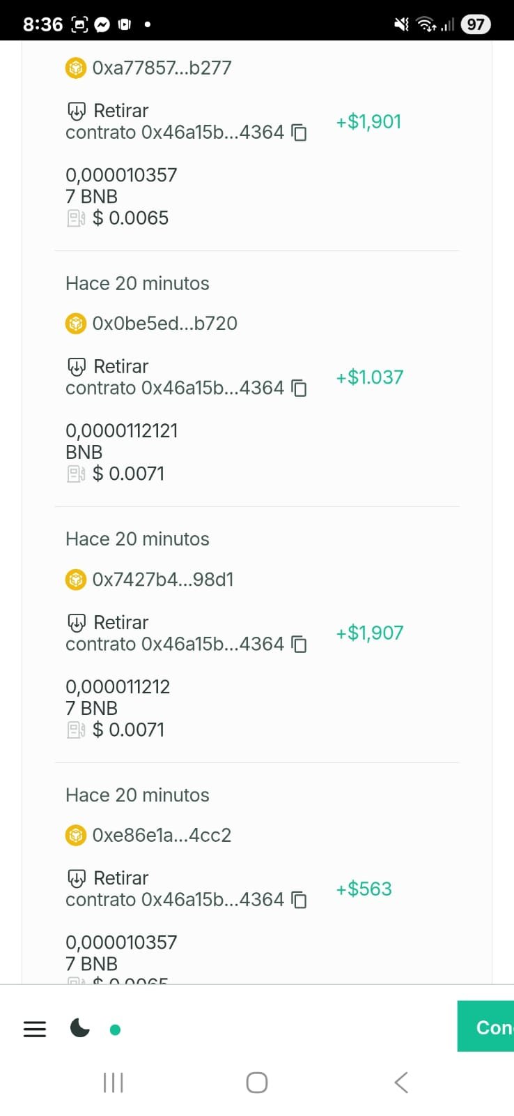 Transacciones BitNest on-chain - retiros BNB