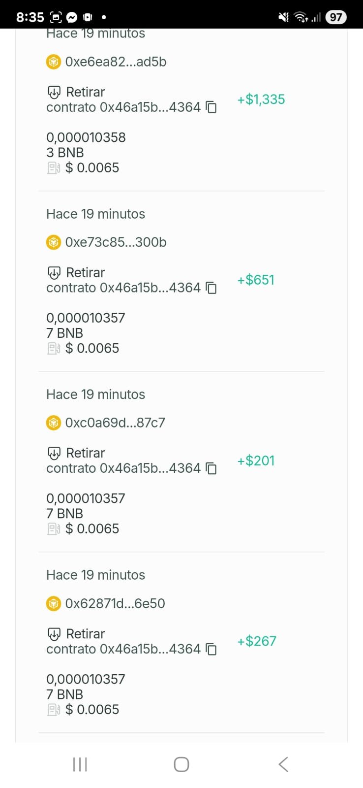 Transacciones BitNest on-chain - retiros BNB