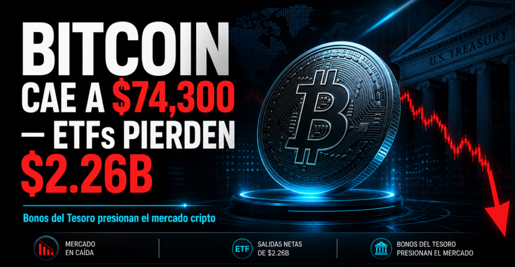 Bitcoin cae a $74,300: ETFs pierden $2.26B en dos semanas y el mercado entra en alerta