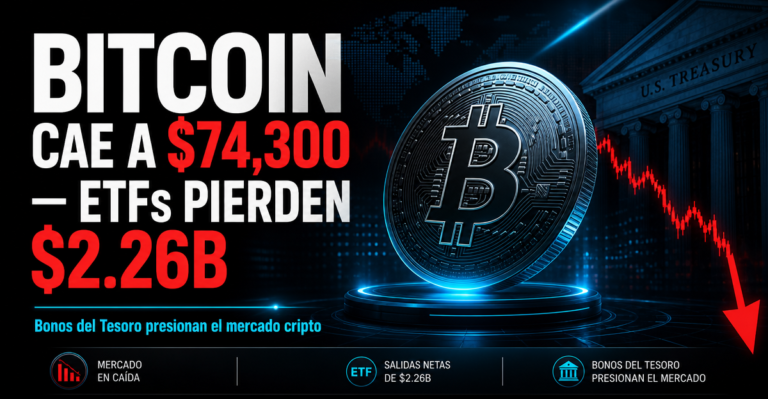 Bitcoin cae a $74,300: ETFs pierden $2.26B en dos semanas y el mercado entra en alerta