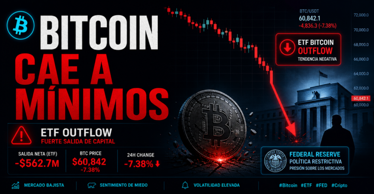 Bitcoin cae a mínimos de dos semanas: ETFs con salidas récord y la Fed amenazan el soporte de $62,000