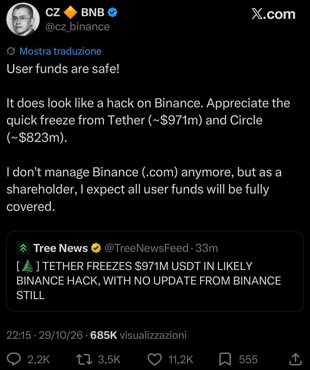 Publicación de CZ en X sobre el hackeo a Binance